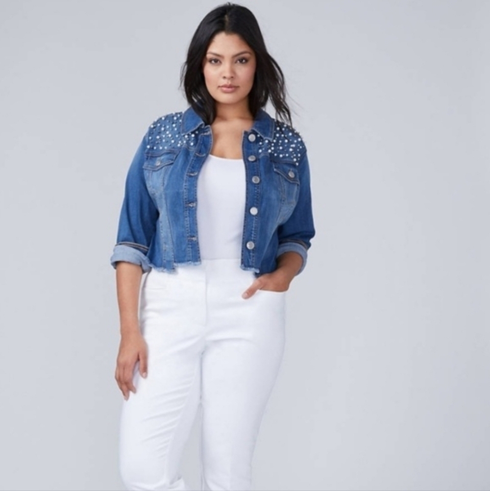 LANE BRYANT‎ PLUS SIZE 20 20P PETITE SHORT JEAN JACKET EMBELLISHED TOP PEARLS